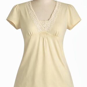 Yellow Cream Lace V-Neck Top Women’s L,Short Sleeve Blouse babydoll